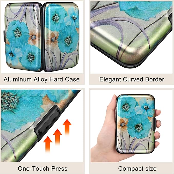 ELFISH Mini RFID Aluminum Wallet Credit Cards Holder Business Card Case Metal ID Case for Men Women(Blue Flower)