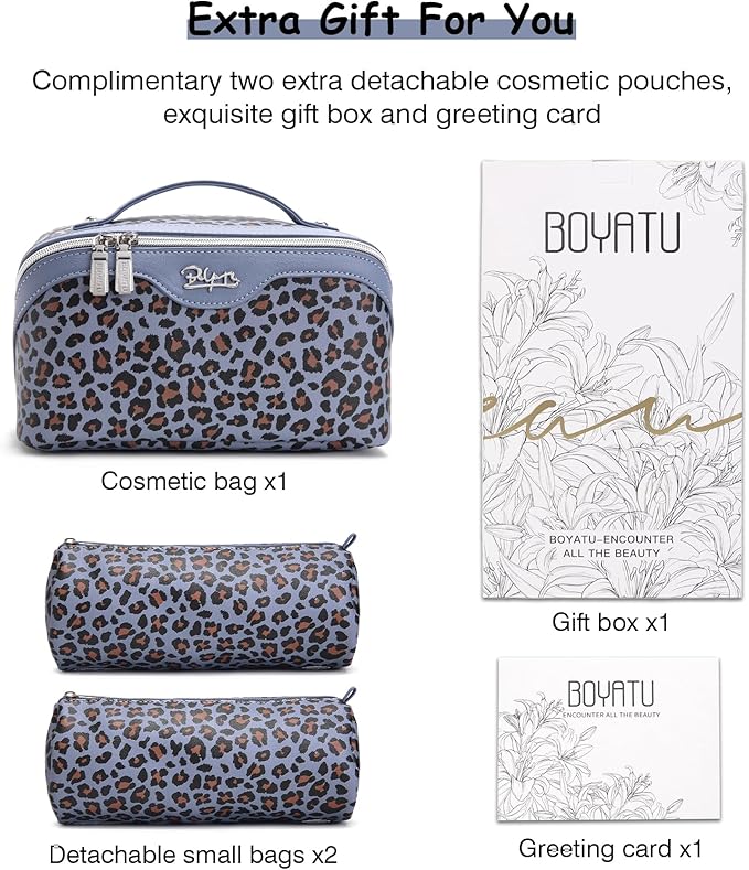 BOYATU Travel Makeup Bags Cosmetic Organizer Bag: 3 Pcs Set Large Capacity Make up Bag with Compartments - Waterproof Leather Toiletry Bags with Handle for Women (B-Light Blue)