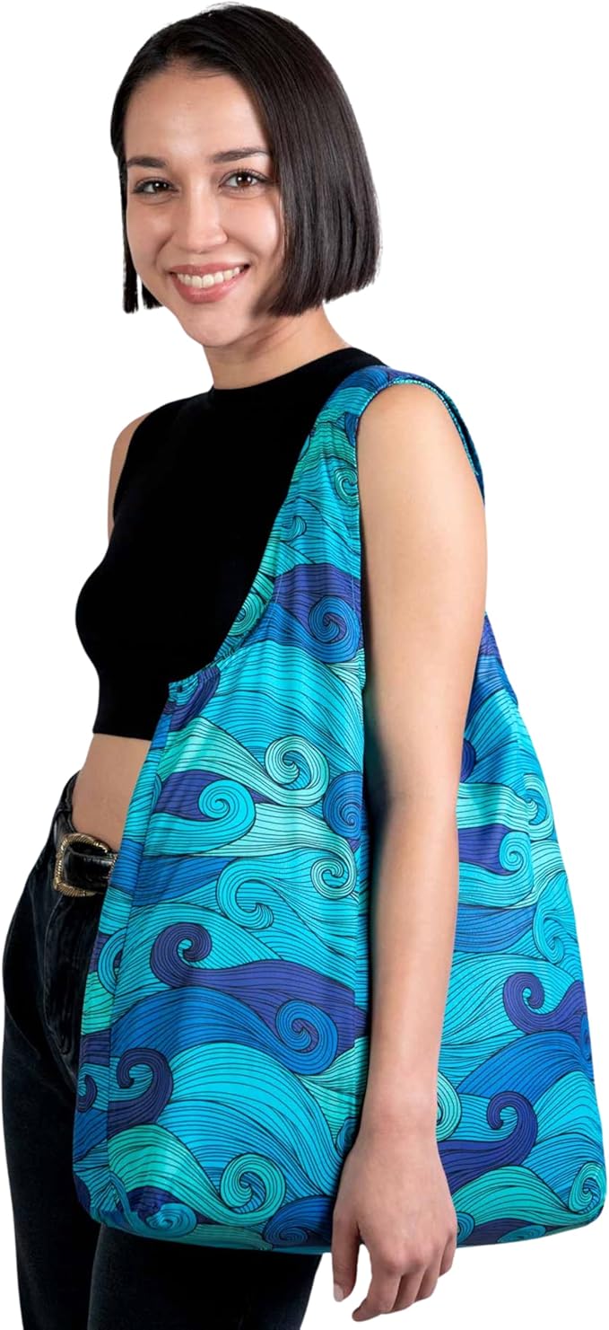 Nanobag Ultralight Extra Large Size Tote Bag for Women & Men, Heavy Duty Reusable Grocery Bag, Foldable Travel Shopping Tote, Packable Cloth Bag with Handles, Washable Market Tote (Blue Waves)