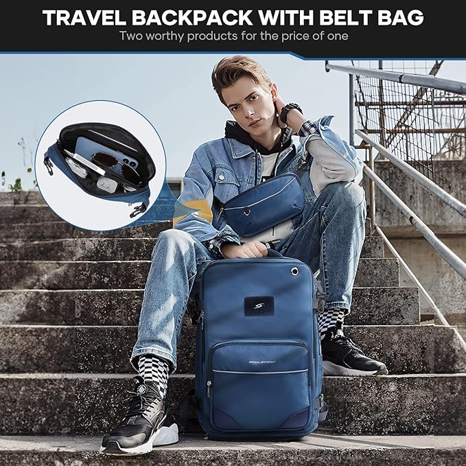 Maelstrom Travel Backpack for Men Women, 35L Carry on Backpack for Traveling on Airplane,with Belt Bag&Shoe Compartment,Waterproof Laptop Backpack fit 17”Laptop-Navy Blue, Large