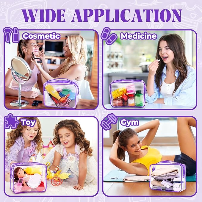 6 Pieces Clear Makeup Bags Bulk TSA Approved Toiletry Bag for Travel PVC Waterproof Clear Cosmetic Pouch with Zipper for Men and Women Carry-on Travel Essentials (Purple)