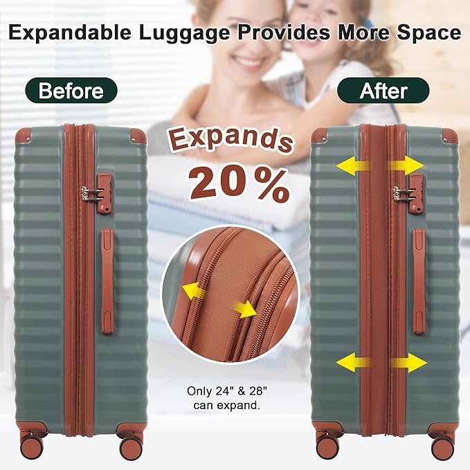 Merax Luggage Sets 5 Piece,Front Open Hardshell Expandable Suitcase with Spinner Wheels and Duffel Bags,Lightweight Carry on Luggage with USB Port and Cup Holder,20/24/28IN,Grey Green