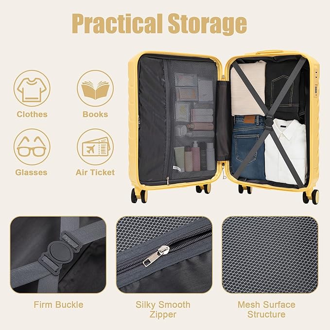 28 Inch Checked-Large Luggage, Lightweight ABS Hard Shell Suitcase with Spinner Wheels, Expandable Travel Luggage with Combination Lock & Side Hooks for Men Women (Yellow, 20)