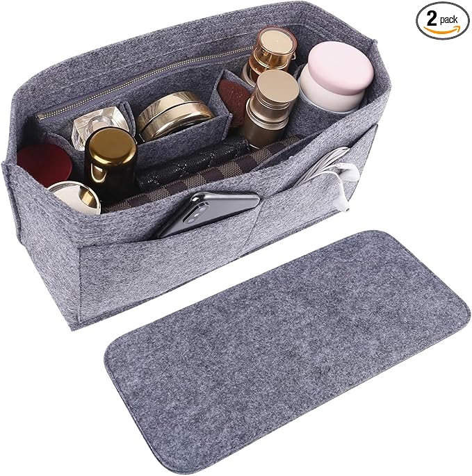 Doxo Purse Organizer Insert Handbag & Tote Felt with Bag Fits for Speedy 30 and Neverfull MM & Base Shaper 2pc Set (Large-Gray-Combination)
