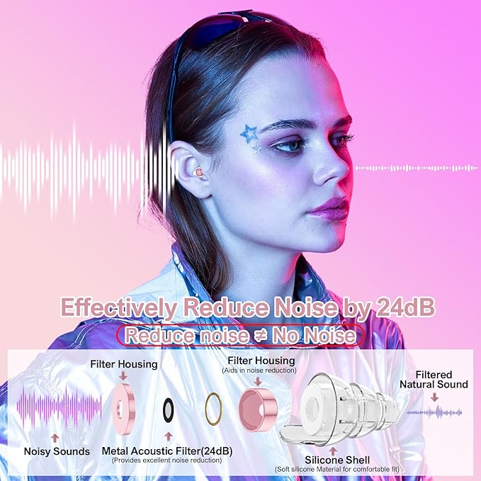 High Fidelity Concert Earplugs for Concerts Musicians，Earplugs for noise reduction，24db Advanced Filter Technology Ear Protection for Music Festivals,DJ's, Nightclub, Drummers - 2 Pairs （Pink）