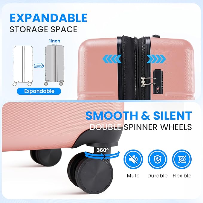 Simple Deluxe 24 Inch Hardside Carry On Luggage, Suitcase with Double Spinner Wheels & TSA Lock, Hard Shell Suitcase, Expandable Rolling Lightweight Luggage, Pink