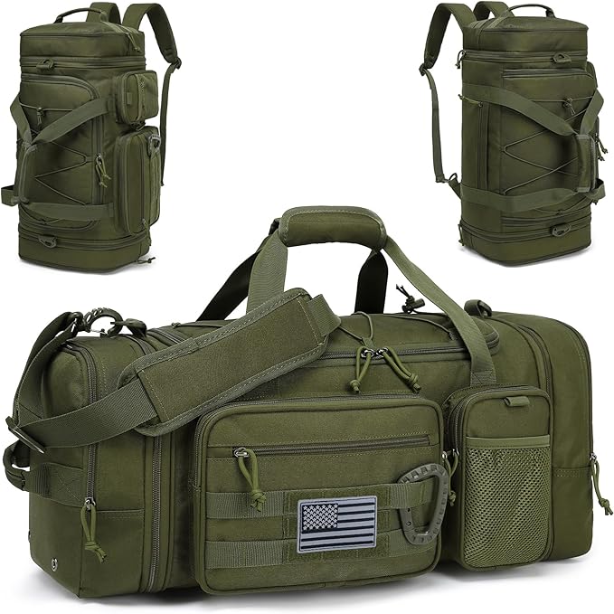 3 in 1 Tactical Travel Duffle Bag Backpack for Men Women 40-45L Expandable Gym Bag & Sport Duffel Bags for Travel with Shoe Compartment & Wet Pocket, Weekend Overnight bag for Caming, Green