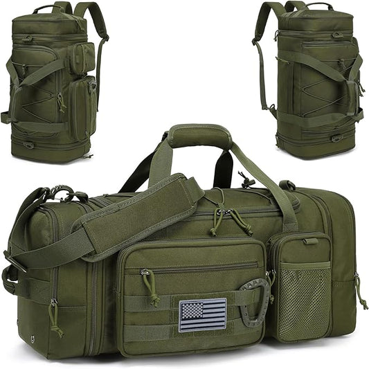 3 in 1 Tactical Travel Duffle Bag Backpack for Men Women 40-45L Expandable Gym Bag & Sport Duffel Bags for Travel with Shoe Compartment & Wet Pocket, Weekend Overnight bag for Caming, Green