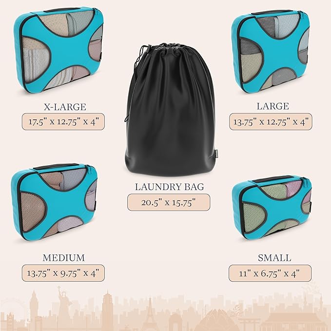 Shacke Packing Cubes for Travel 5 Set - Compression Luggage Organizer Bags - Versatile Travel Organizer for Women and Men - Optimized Packing Bags - Travel Essentials (Aqua Teal)