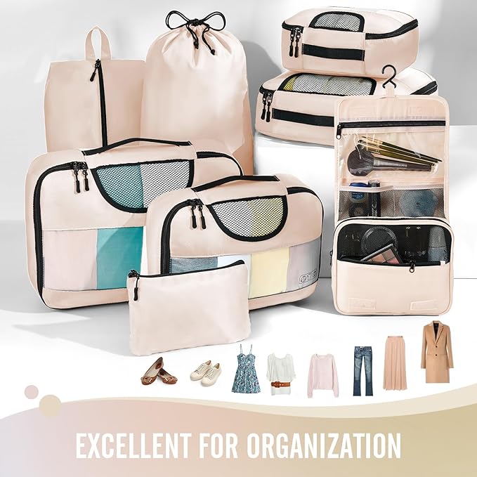 8 Set Packing Cubes for Luggage,Suitcase Organizer in 4 Sizes with Hanging Toiletry Bag and Large Laundry Bag, Carry-On Luggage with Accessories Bag, Cream