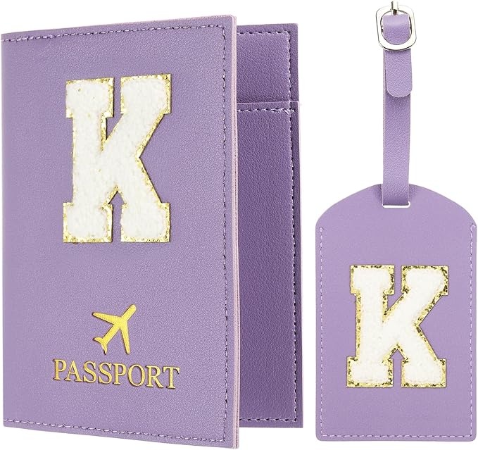 PATIKIL Passport Holder for Travel, Initial Passport Cover and Luggage Tag Set with Alphabet Chenille Letter Patch Travel Wallet Bag Suitcase Identifier for Women Family Travel Purple K