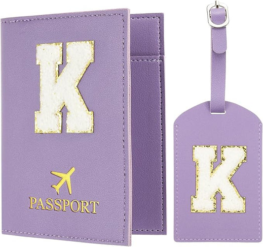 PATIKIL Passport Holder for Travel, Initial Passport Cover and Luggage Tag Set with Alphabet Chenille Letter Patch Travel Wallet Bag Suitcase Identifier for Women Family Travel Purple K