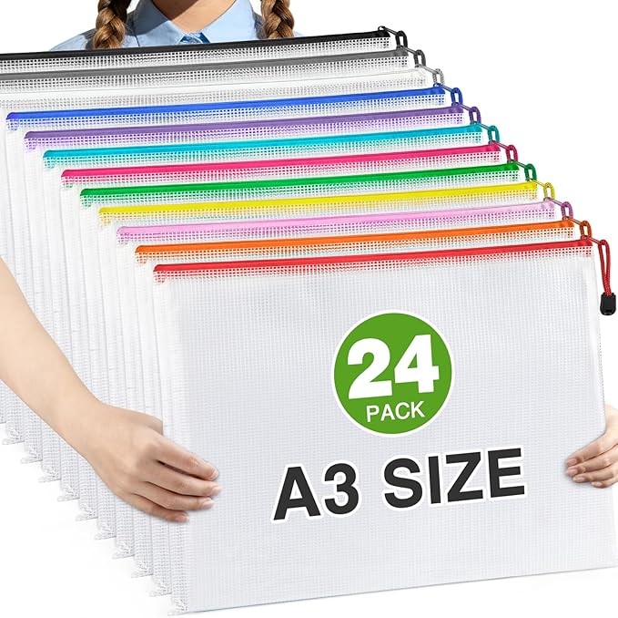 Umriox 24 Pack 12 Colors Zipper Pouches for Organizing, A3 Size (16.9 x 12.4), Big Mesh Bags, Zipper Bags for Puzzles & Board Game Storage, Office Supplies Travel Toiletries