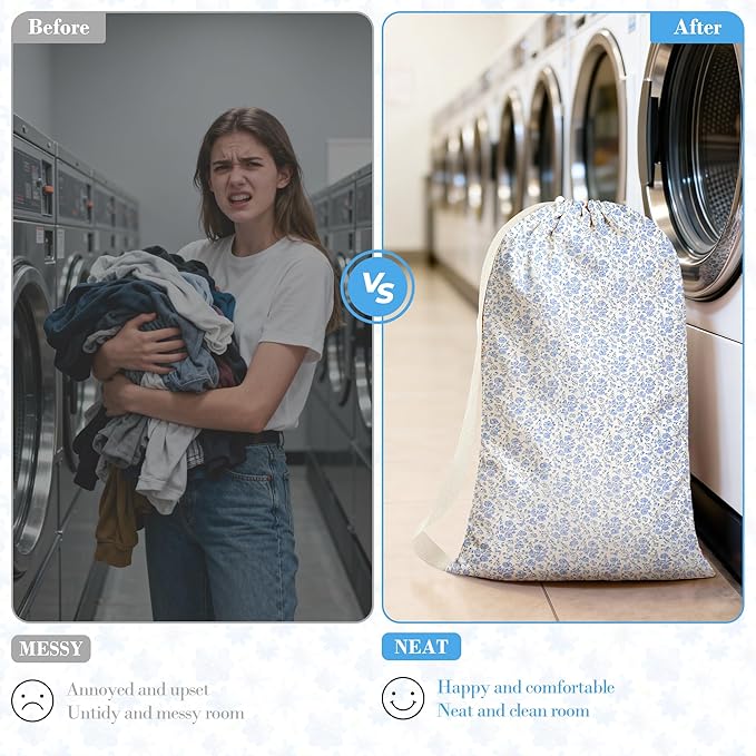 College Laundry Bag 29"×18", Waterproof Dirty Clothes Bag with Handles & Locking Drawstring, Large Capacity Floral Laundry Backpack for Dorm, Laundromat, Apartment, Travel & Camping (Blue)