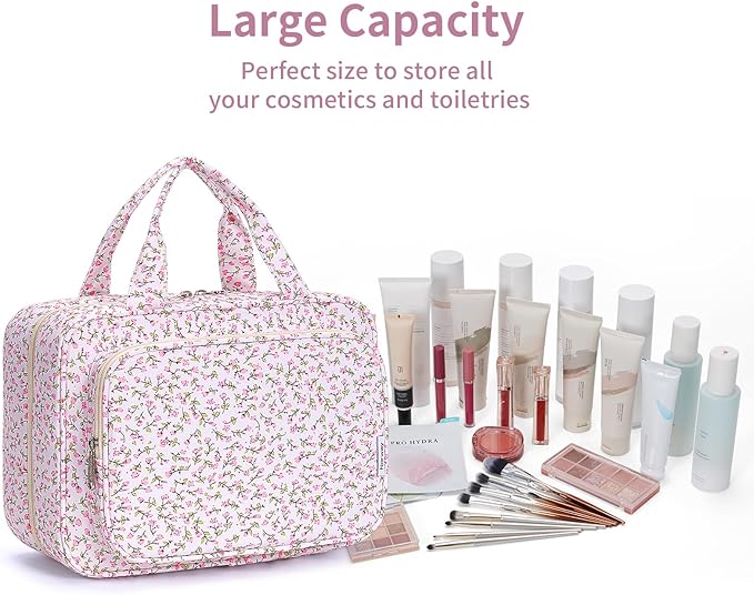 Narwey Travel Toiletry Bag for Women Large Hanging Makeup Bag Organizer Toiletries Bag for Full Size Essentials Accessories Cosmetics (Pink Flower (Large))