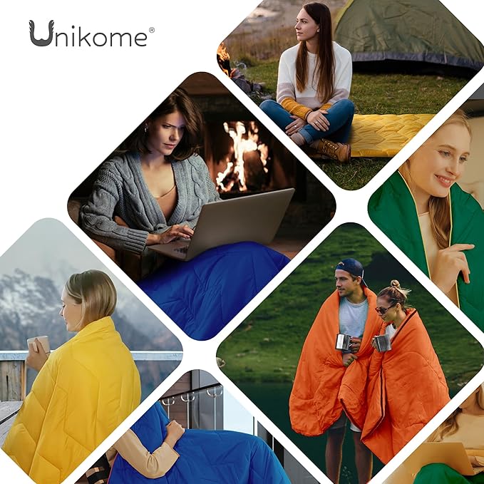UNIKOME Waterproof Puffy Camping Blanket - Lightweight Packable Outdoor Quilt with Corner Loops, Warm Compact Blanket for Cold Weather Hiking Picnic Stadium Travel, 75"×52", Green