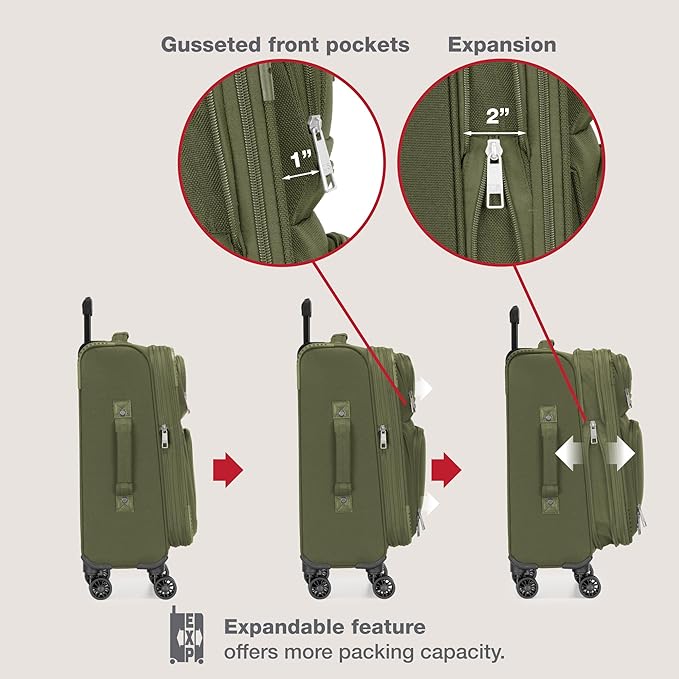 U.S. Traveler Rio Lightweight Softside Rolling Carry-on Suitcase, 4-Wheel Single, Green