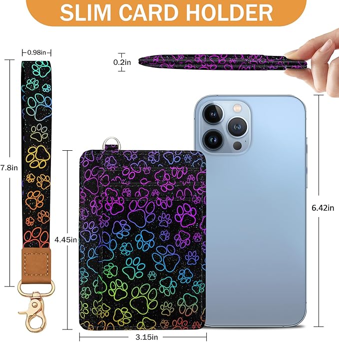 Yonlevres Dog Paw Credit Card Holder Slim Wallet, RFID Wallet Women Front Pocket Wristlet Lanyard, Small Card Holder Travel Funny Cute Thin Card Case ID Window PU Leather Card Organizer Gifts Girls