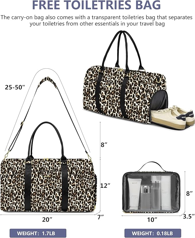 Women Weekender Travel Duffle Bag: Travel Duffel Overnight Bags with Shoe Compartment Large Carry on Tote with Toiletry Bag Weekend Traveling Yoga Gym Hospital Bag for Women with Wet Pocket Cheetah