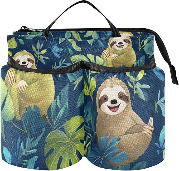 Watercolor Cartoon Sloths Blue Luggage Cup Holder Travel Portable Free Hand Drink Carrier Suitcase Drinks Beverage Holder Carry-On Bottle Mug Holder Organizer Bag Travelers Accessories