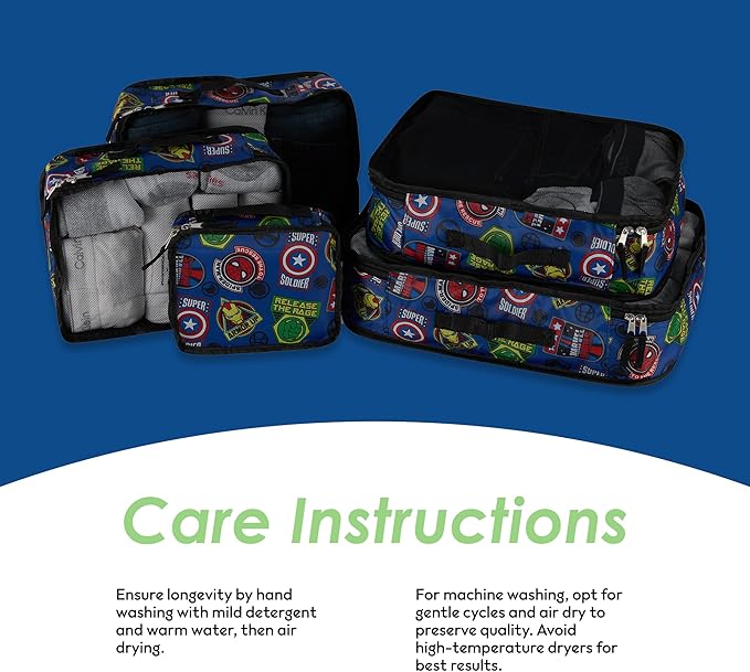 Marvel Comics 5-Piece Packing Cube Set - Spiderman, Ironman, Captain America - 5 Piece Packing Cubes Compression Travel Essential Accessories - Luggage Suitcase Organizer Set - For Kids, Adults