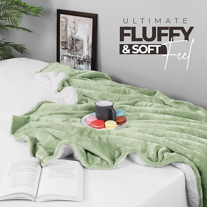 Utopia Bedding Sherpa Blanket Throw Size (Sage Green, 50x60 Inches) - Soft Lightweight Plush Fleece Reversible Blanket for Bed, Sofa, Couch, Camping and Travel