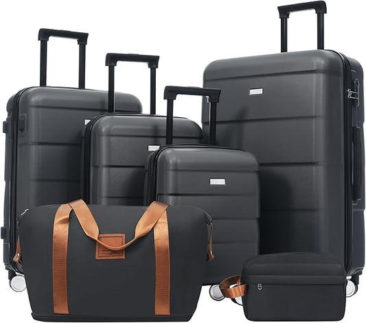 6 Piece Luggage Set Hard Shell - Charcoal Traveling Suitcases with Spinner Wheels and Duffel Bags for Family Travel, Durable Carry On Luggage Sets with Lock for Women and Men