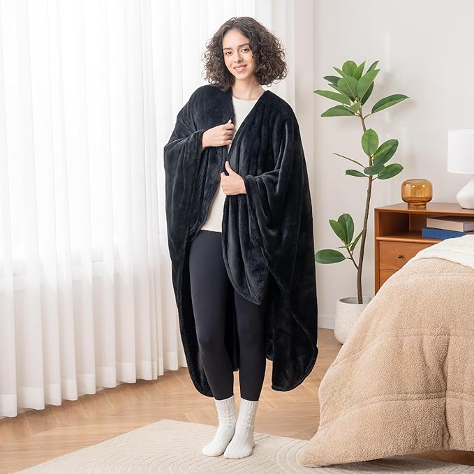 Berkshire Blanket Primalush™ Wearable Blanket, Cozy Loungewear Pocketed Plush Cape Wrap for Adults & Teens(Black, One Size 58"X64")