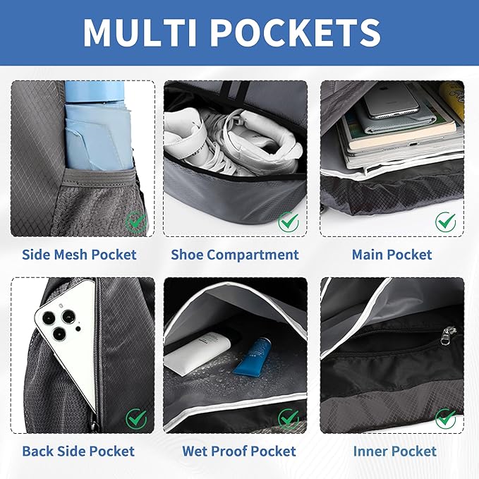 Drawstring Backpack Gym Bag with Shoes Compartment for Soccer, Basketball, Swim, Water-Resistant String Backpack Beach Cinch for Women Men, Dark Grey