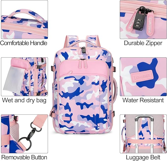 Lumesner Carry on Travel Backpacks, Extra Large 40L Flight Approved for Men & Women,Expandable Suitcase backpack (Camouflage Pink(Backpack With 4 Packing Cubes))