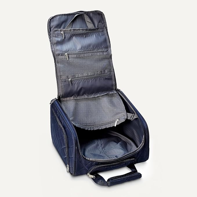 Amazon Basics Underseat Carry-On Luggage with Wheels, 14" Rolling Travel Bag, Fits Under the Seat with Multiple Pockets and Compartments, Navy Quilted