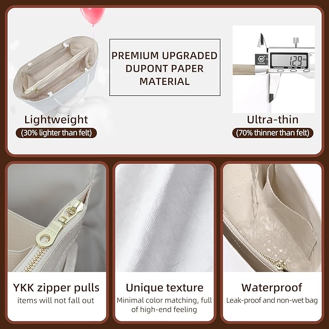 Doxo Purse Organizer Insert for Longchamp LePliage Tote Large, White, Lightweight Handled Bag Shaper with Key Leash& 16Compartments, Upgraded Elastic Cup Holder(White，L)