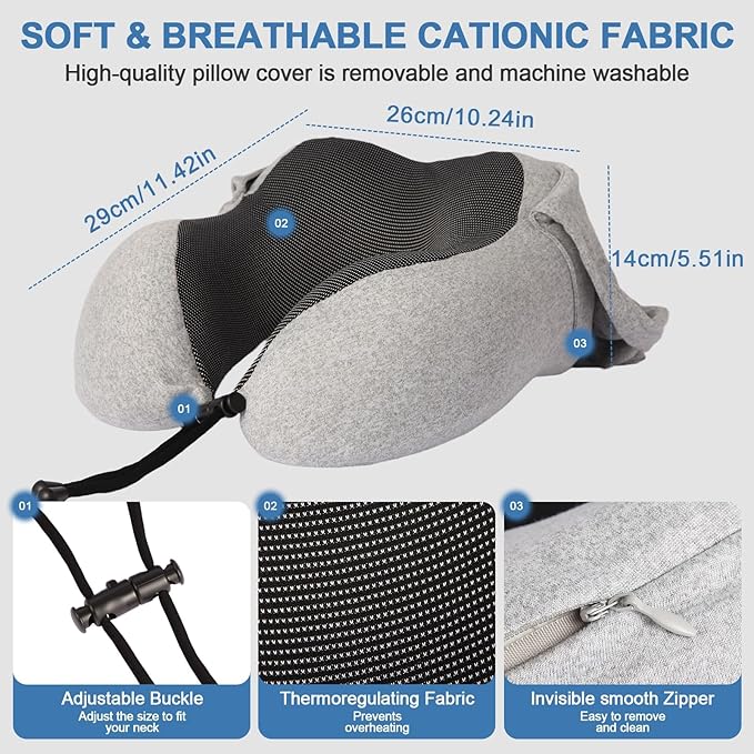Travel Neck Pillow with 100% Light-Blocking Hood – Ergonomic Memory Foam Support Pillow for Airplane, Long Flights, Road Trips, Office and Car, Full Head and Neck Support with Skin-Friendly Cover