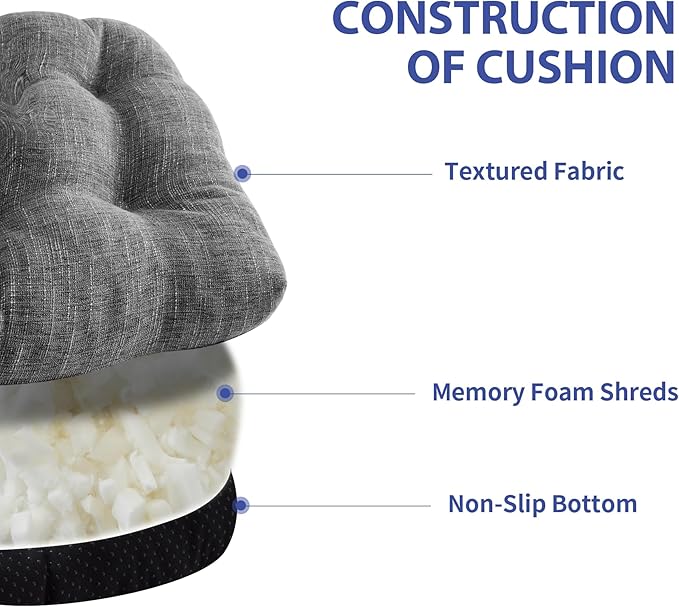 Chair Cushions for Dining Chairs Set of 4, Kitchen Chair Cushions, Chair Pads with Ties and Non Slip Backing, Tufted Memory Foam Seat Cushion 4 Pack, 18" x 18" x 4", Dark Gray