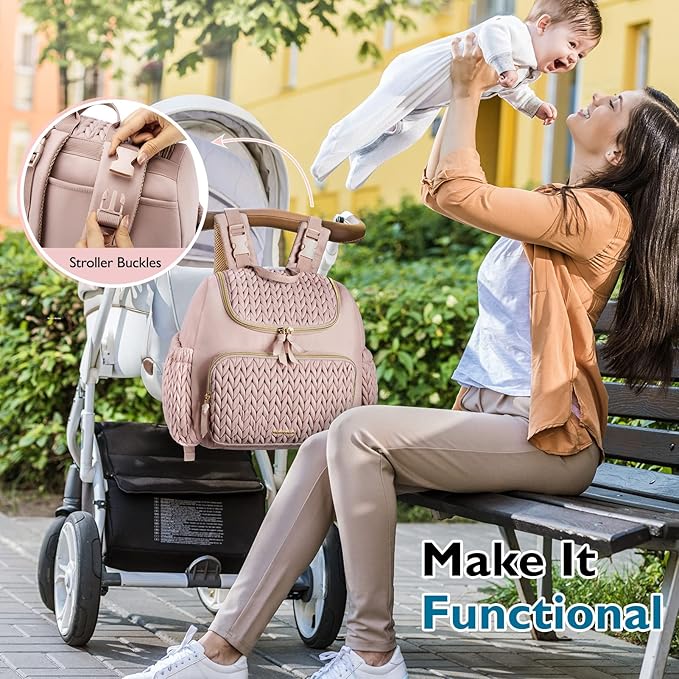 mommore Diaper Bag Backpack, Stylish Travel Baby Bag with Insulated Pockets, Changing Pad and Stroller Straps for Toddler (S-Pink, Small-17L)