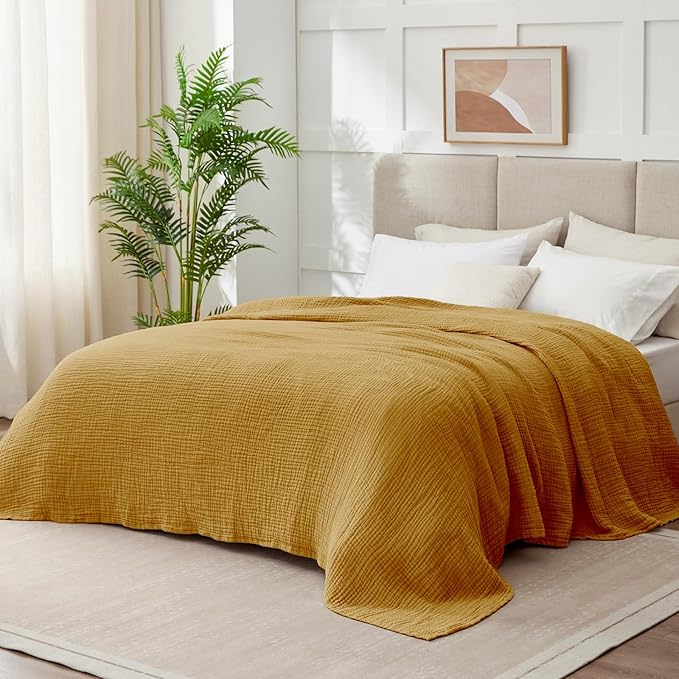 100% Cotton Muslin Blanket King 108" x 90", 6 Layers Breathable and Lightweight Cotton Throw Blankets for Bed, Soft Cooling Summer Gauze Blanket for Adults All Season, Mustard