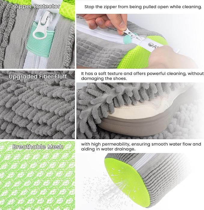 1pc Shoe Washing Machine Bag, Sneaker Laundry Bag for Washing Machine, Extra Long and Thick Microfibre Fluff, Reusable for Washer and Dryer (1pc, Greyish Green)