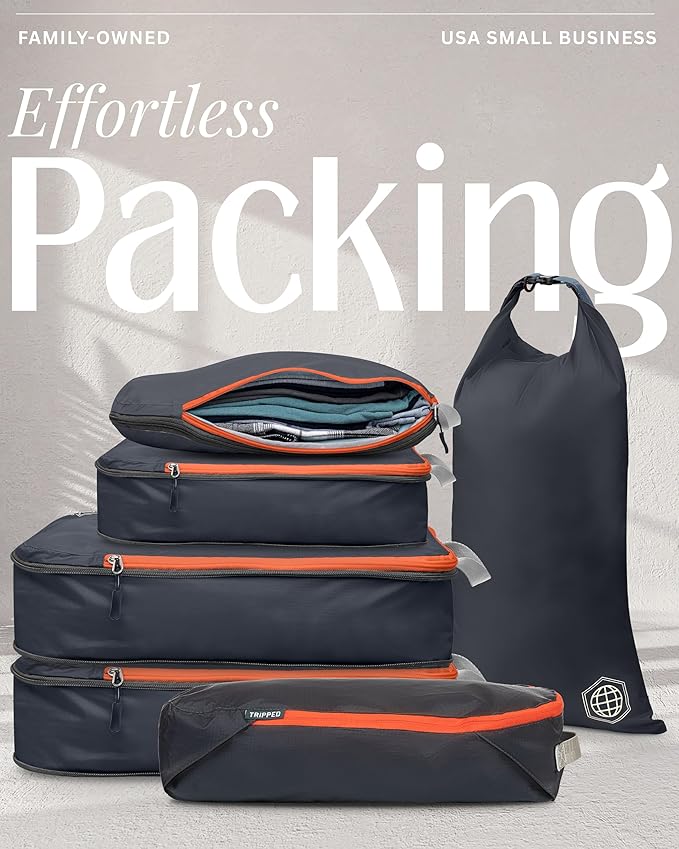 Compression Packing Cubes 6 Piece Set for Carryon Suitcases- Lightweight, Durable Clothes Organizer (Grey and Orange)