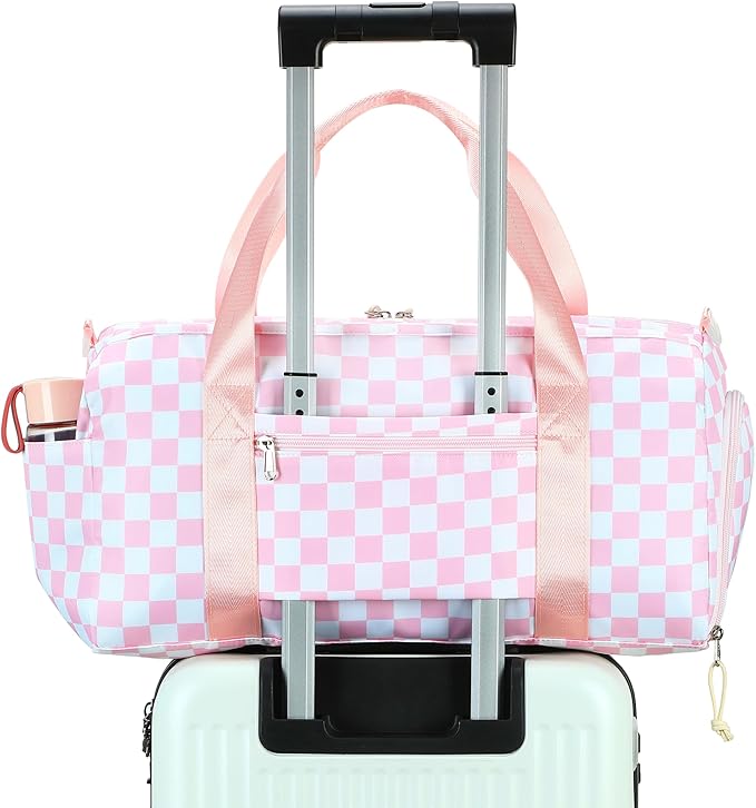 LEDAOU Duffle Bag Girls Kids Cute Dance Bag with Shoes Compartment Gym Bag with Wet Pocket Sports Overnight Travel Bag (Pink Checkered)