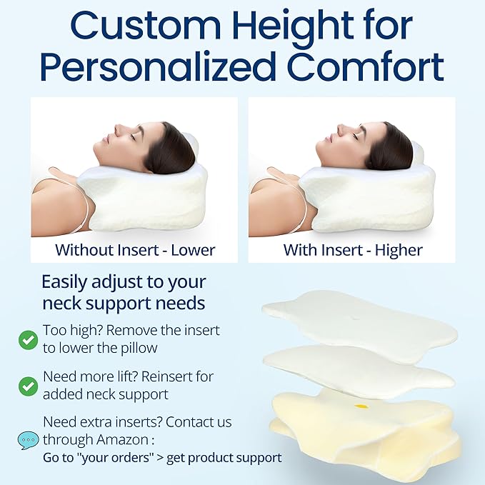 Cervical Neck Pillow for Sleeping, Ergonomic Contour Soft Non Collapsing Memory Foam for Neck and Shoulder Pain Relief, Adjustable Support for Side Back Stomach Sleepers, Cooling Pillowcase