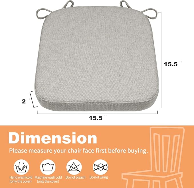 SINOSSO Memory Foam Chair Cushions for Folding Chairs 4 Pack, Thickened 2" Square Pads with Ties for Kitchen Chairs, Indoor Non-Slip Dining Chair Seat Cushions (4 Pcs, Light Gray)