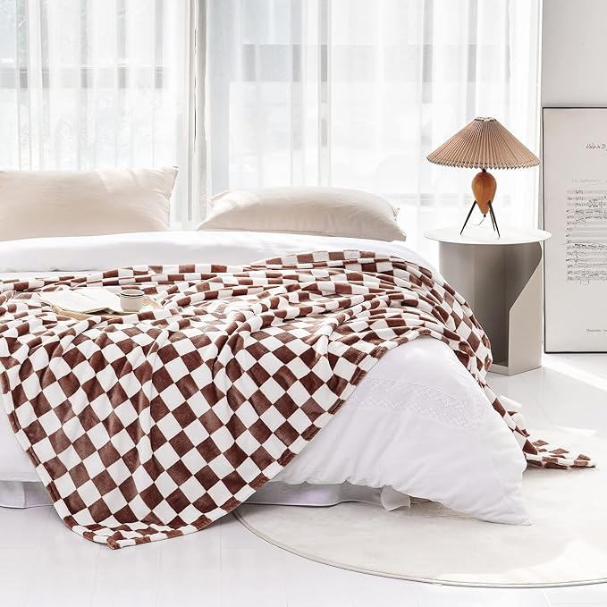 LOMAO Throw Blankets Flannel Blanket with Checkerboard Grid Pattern Soft Throw Blanket for Couch, Bed, Sofa Luxurious Warm and Cozy for All Seasons (Coffee, 60"x80")