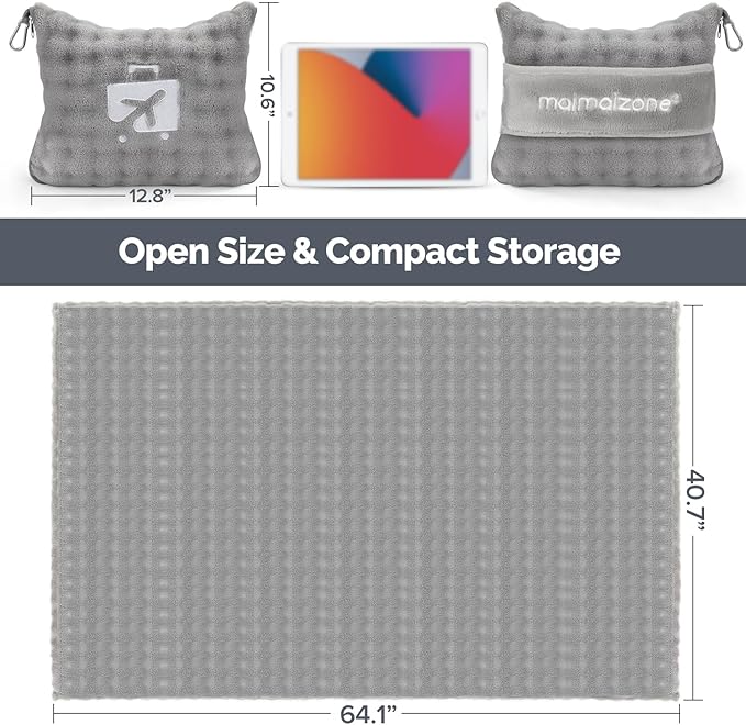 Gray Travel Blanket for Airplane, Soft Lightweight Flannel Blanket, Compact & Portable with Storage Bag, Luggage Strap & Clip, Cozy Travel Essential for Flights, Road Trips & More,40.7''×64.1‘’