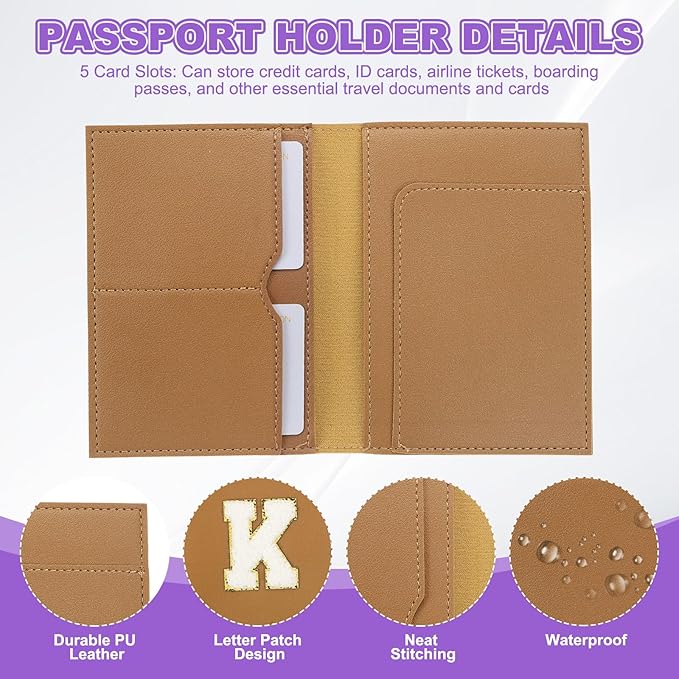 PATIKIL Passport Holder for Travel, Initial Passport Cover and Luggage Tag Set with Alphabet Chenille Letter Patch Travel Wallet Bag Suitcase Identifier for Women Family Travel Brown K