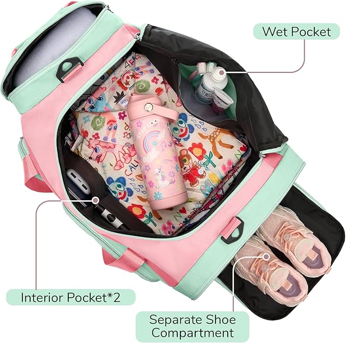 WOOMADA Kids Duffle Bag for Boys or Girls,Weekender Overnight Bag with Shoe Compartment & Wet Pocket Perfect For School, Sports, Overnight Trips(Pink Green)