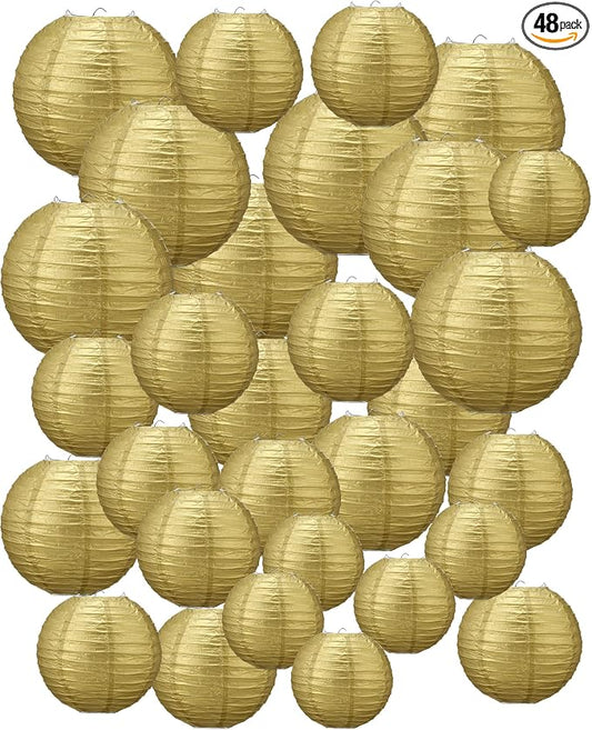 Treela 48 Pcs Paper Lanterns Party Decorations Round,Gold | Chinese Hanging Lamps, Wedding, Party Supplies, Birthday Bridal, 4/6/8/10 Inch, Easy Setup, Asian Decor, Festive Atmosphere