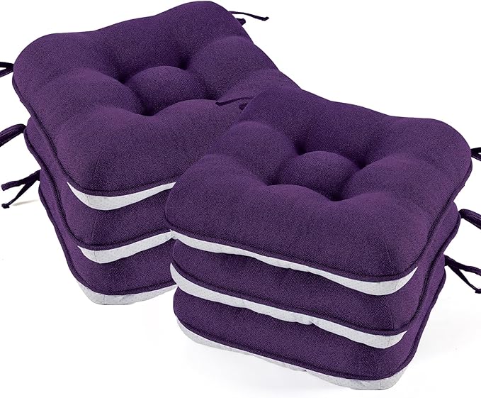 BETU Chair Cushions for Dining Chairs Set of 6,3.5" Thick Kitchen Table Chair Pads with Ties,Non Slip Backing and Covers, Seat Cushion for Dining Room,Bar,Patio Chairs,16"X16"X3.5",Dark Purple