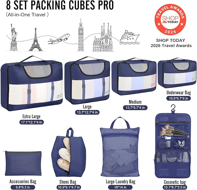 Veken 8 Set Packing Cubes for Travel Essentials, Suitcase Organizer Bags in 4 Sizes, Carry-On Luggage Accessories with Large Laundry & Hanging Toiletry Bag, Must-Have for Airplane, Road Trip & Camping