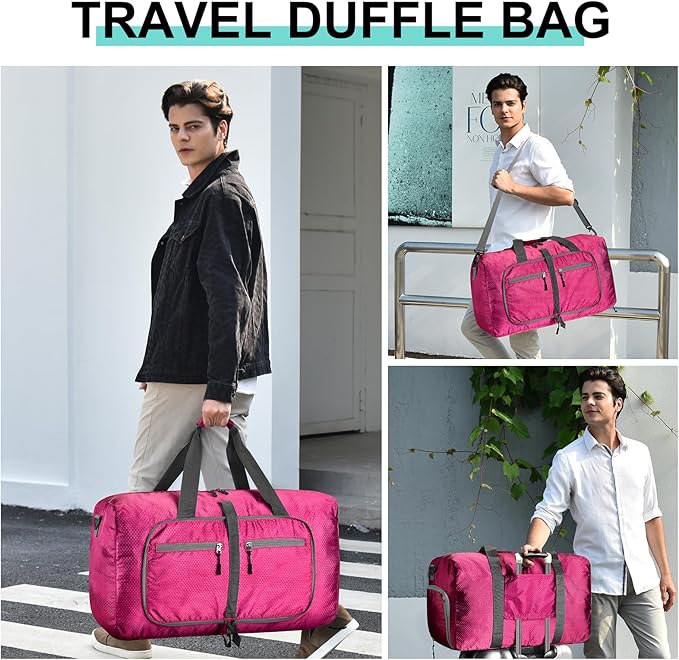 Dimayar Travel Duffle Bag for Men Women - Foldable Duffel Bag with Shoes Compartment - Overnight Bags Waterproof & Tear Resistant(65L,Fuchsine)