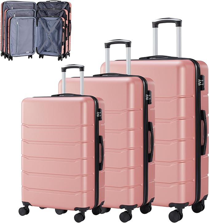Simple Deluxe 3-Piece Luggage Sets, Suitcase with Double Spinner Wheels & TSA Lock, Hard Shell Suitcase, Expandable Rolling Lightweight Luggage, Pink